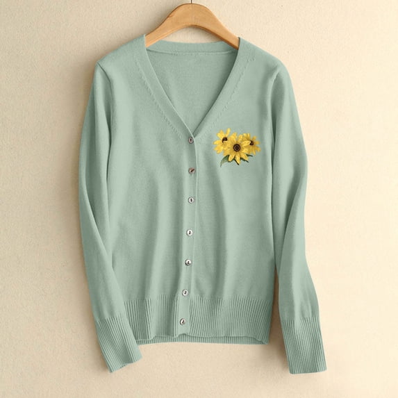 ClodeEU Womens Sweaters ,Floral Pattern Single Breasted Knit Cardigan Sweater, Fall Casual Lightweight Cardigans Green,Womens Plus L