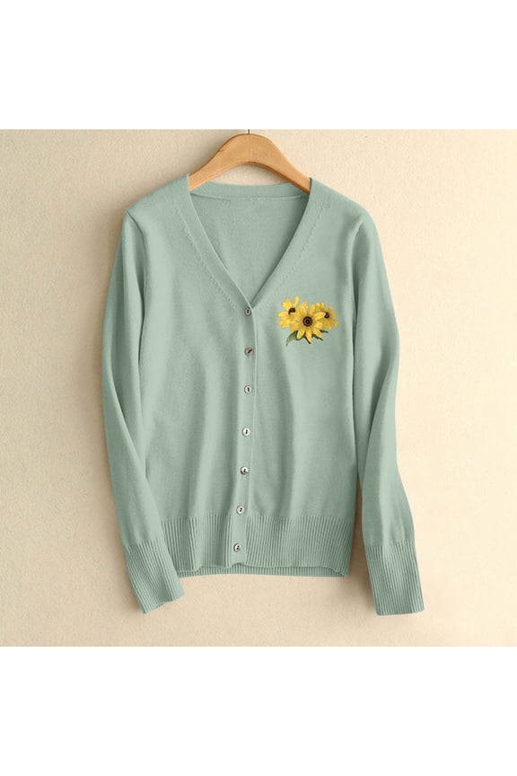 Womens Sweaters ,Floral Pattern Single Breasted Knit Cardigan Sweater, Fall Casual Lightweight Cardigans Green,Womens Plus L