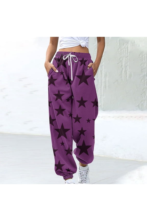 Womens Sweatpants Jogger Athletic Pants with Pockets ,Star Print Elastic Waist Drawstring Ankle Pants Purple,Womens Plus XL