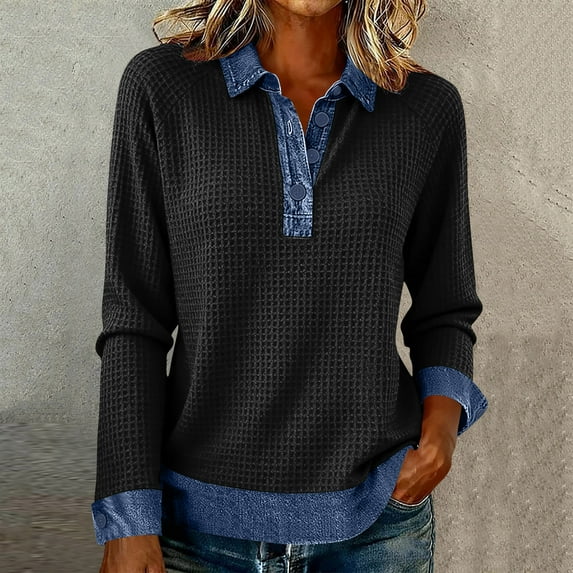 ClodeEU Womens Sweatshirts Plaid,Half Button Up Denim Lapel Pullover,Long Sleeve Collared Knit Top Black,Womens Plus XXL