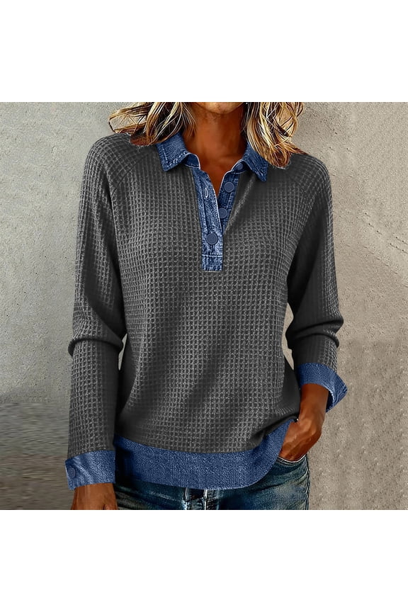 Womens Sweatshirts Plaid,Half Button Up Denim Lapel Pullover,Long Sleeve Collared Knit Top Gray,Womens Plus XXL