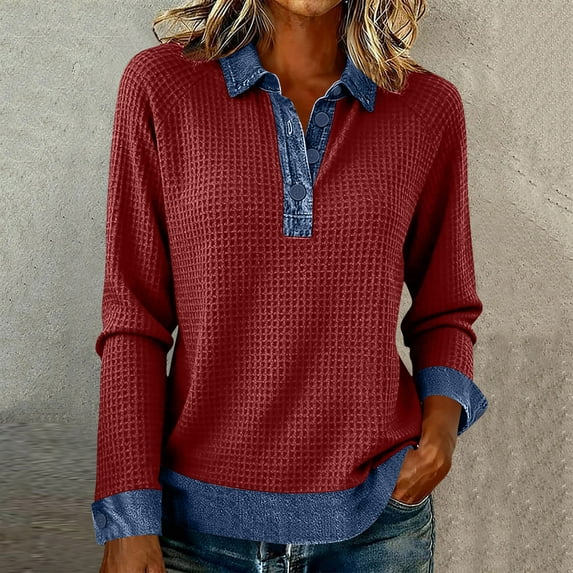 ClodeEU Womens Sweatshirts Plaid,Half Button Up Denim Lapel Pullover,Long Sleeve Collared Knit Top Wine,Womens Plus L