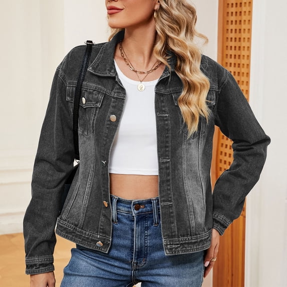 ClodeEU Womens Trendy Denim Jacket,Casual Baggy Streetwear Vintage Y2k Coat With Pockets B-Black,Womens Plus S