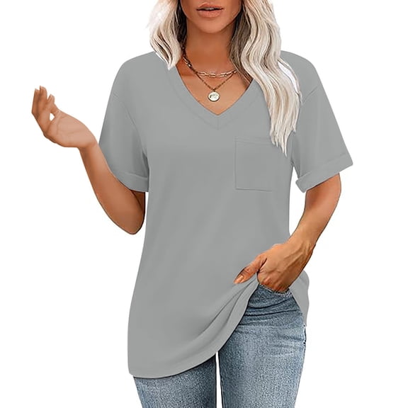 ClodeEU Womens Tshirts， V Neck Short Sleeve Tops， Basic Tees，Solid Color T Shirt Gray,Womens Plus M