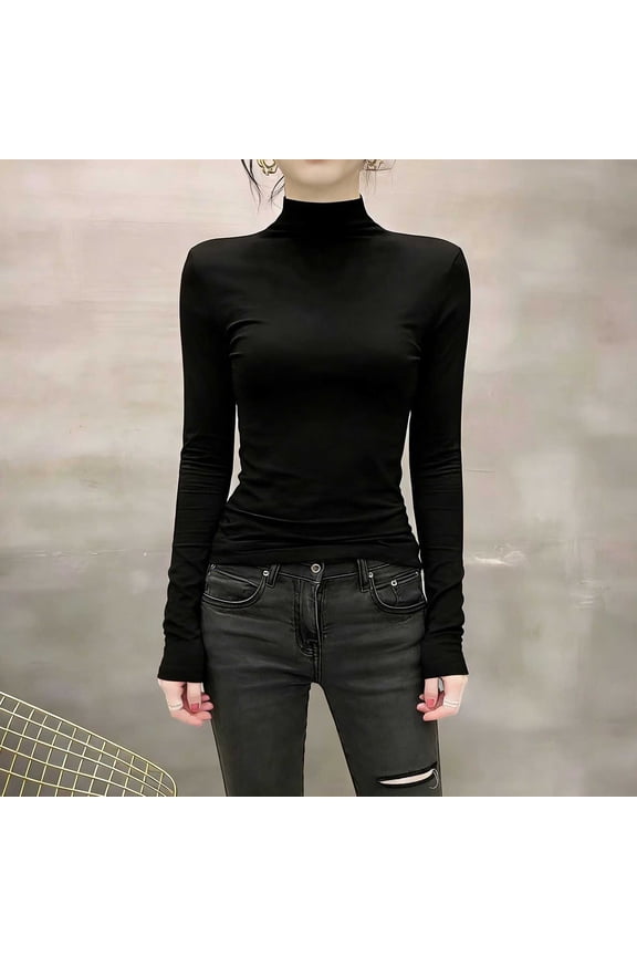 Womens Turtleneck Long Sleeve Shirts,Ribbed Slim Fit Basic Lightweight Thermal Underwear Tops Black,Womens Plus M