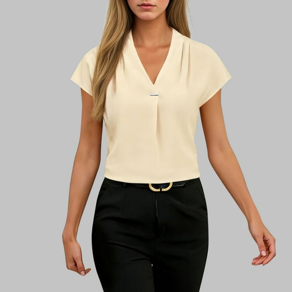 ClodeEU Womens V Neck Business Work Tops ,Cap Short Sleeve Shirts ,Textured Summer Spring Outfits Beige,Womens Plus XXL