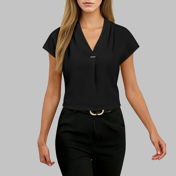 ClodeEU Womens V Neck Business Work Tops ,Cap Short Sleeve Shirts ,Textured Summer Spring Outfits Black,Womens Plus XL