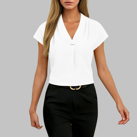ClodeEU Womens V Neck Business Work Tops ,Cap Short Sleeve Shirts ,Textured Summer Spring Outfits White,Womens Plus M