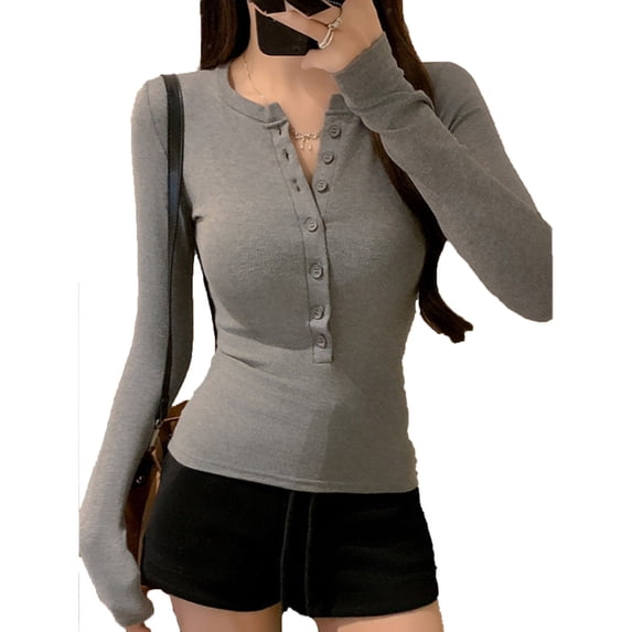 ClodeEU Womens V Neck Button Down Long Sleeve Ribbed Knit Slim Fit Basic Tee ,Dressy Casual Shirts Gray,Womens Plus M