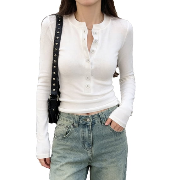 ClodeEU Womens V Neck Button Down Long Sleeve Ribbed Knit Slim Fit Basic Tee ,Dressy Casual Shirts White,Womens Plus S