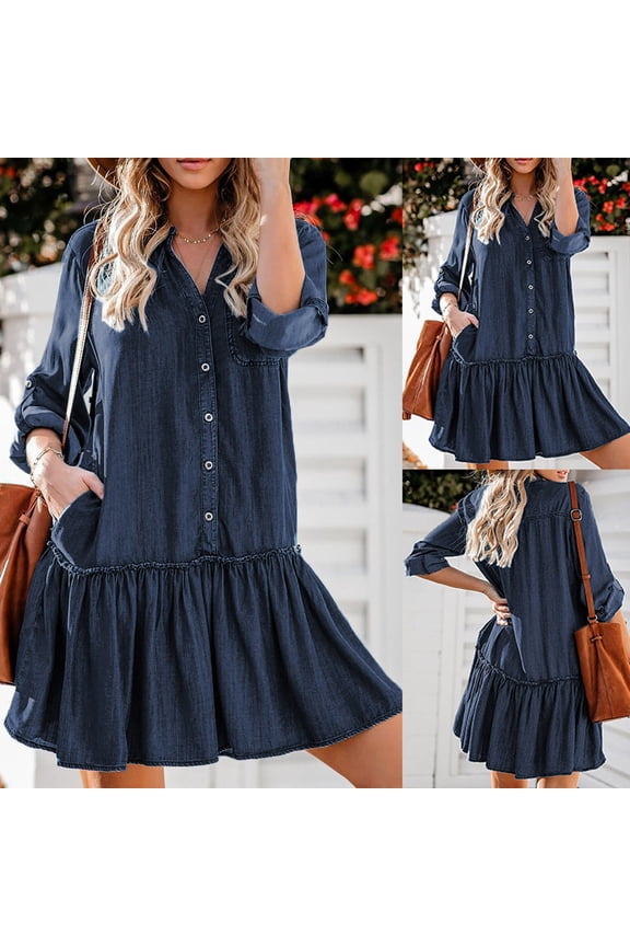 U Womens V-Neck Button Front Tunic Denim Mini Dress,Casual Long Sleeve Ruffle Dress Dark Blue,Womens Plus M