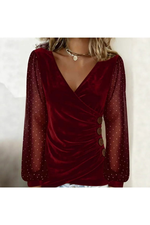Womens V Neck Cross Wrap Sexy Tops ,Polka Dot Mesh Long Sleeve T Shirt Casual Blouses Wine,Womens Plus M
