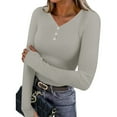 thumbnail image 1 of ClodeEU Womens V Neck Half Button Down Long Sleeve Ribbed Knit Slim Fit Basic Tee ,Dressy Casual Shirts A-Gray,Womens Plus S, 1 of 8