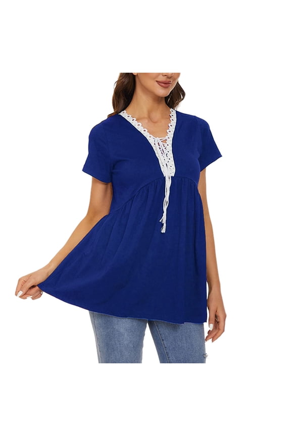 Womens V Neck Lace Patchwork Short Sleeve Shirt,Casual Loose Tunic Blouse Blue,Womens Plus L