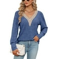 thumbnail image 1 of ClodeEU Womens V-Neck Lace Ribbed Brushed Long Sleeve Sweaters ,Trendy Sexy Sweater Jumper Tops Dark Blue,Womens Plus XL, 1 of 8