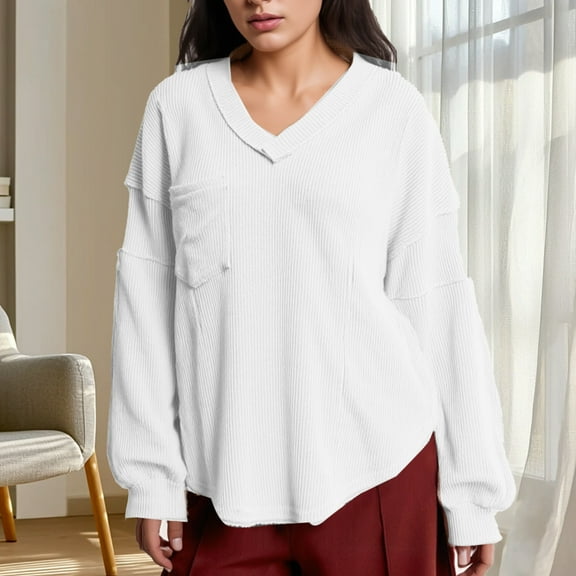 ClodeEU Womens V Neck Long Sleeve Sweatshirts, Fall Loose Fit Casual Trendy Pullover Tops White,Womens Plus M