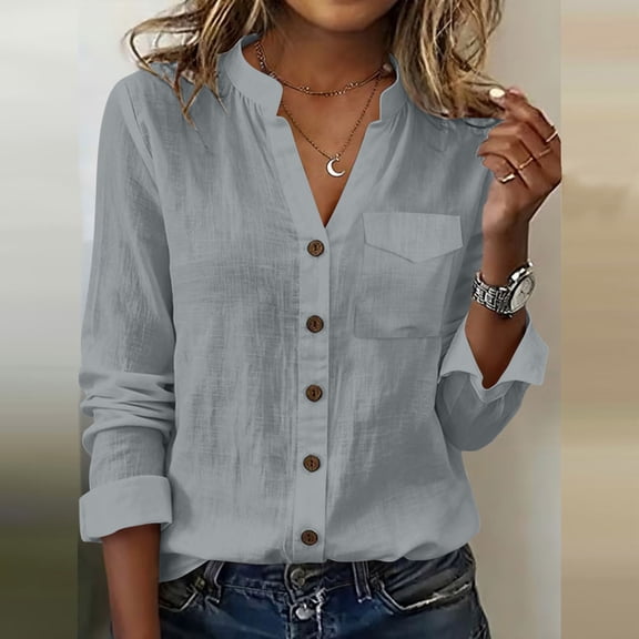 ClodeEU Womens V Neck Roll up Sleeve Button Down Blouses Tops,Casual Cotton Work shirt Gray,Womens Plus XXL
