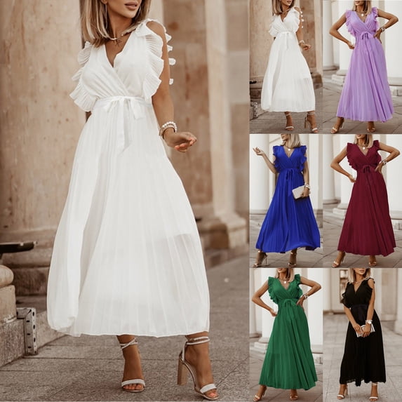 ClodeEU Womens V Neck Ruffle Hem Sleeveless Dress with Belt,Elegant Fashion Maxi Dress Red,Womens Plus L