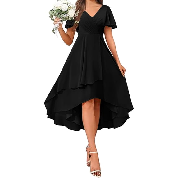 ClodeEU Womens V Neck Ruffle Sleeve A Line Midi Dress,Trendy Chiffon Flowy Tiered Dress Black,Womens Plus L