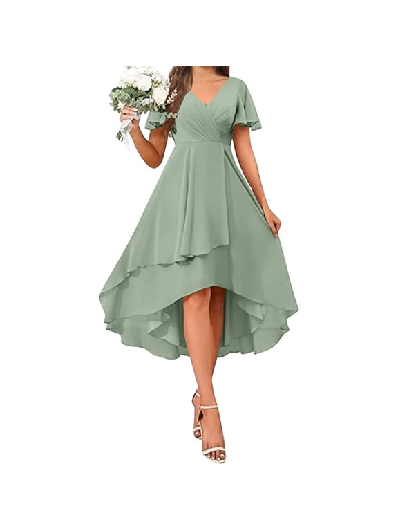 U Womens V Neck Ruffle Sleeve A Line Midi Dress,Trendy Chiffon Flowy Tiered Dress Green,Womens Plus XL