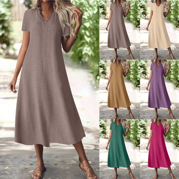 ClodeEU Womens V-Neck Short Sleeve Dress,Casual Loose Plain Pleated Long Dress Beige,Womens Plus XL