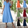 thumbnail image 1 of ClodeEU Womens V-Neck Short Sleeve Dress,Casual Loose Plain Pleated Long Dress Wine,Womens Plus S, 1 of 7