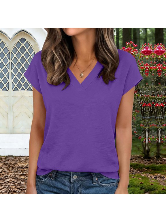 Womens V Neck Short Sleeve T Shirts,Basic Trendy Tee Beach Vacation Clothes Purple,Womens Plus M
