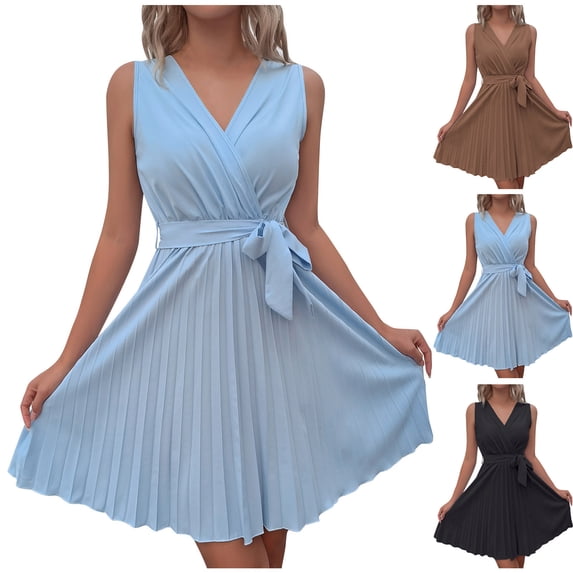 ClodeEU Womens V Neck Sleeveless Shift Dress with Belt,Casual Pleated Mini Dress Black,Womens Plus M
