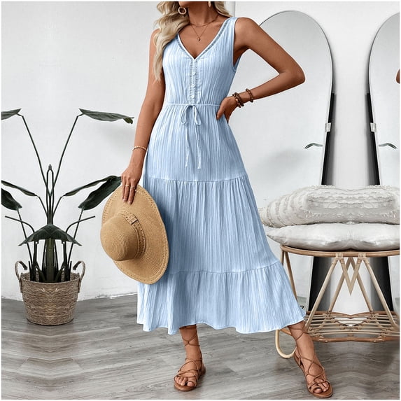 ClodeEU Womens V-Neck Sleeveless Textured Beach Dress,Beach Sundress Tiered Ruffle Flows Skirt Midi Dresses Light Blue,Womens Plus L