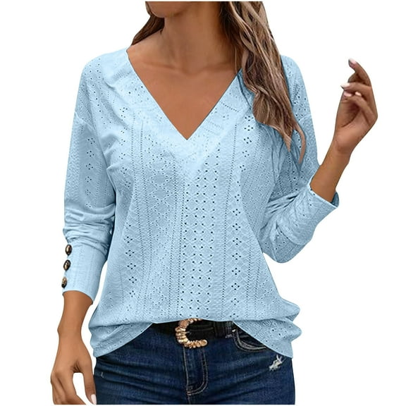 ClodeEU Womens V Neck Sweaters ,Long Sleeve Shirts With Decorative Buttons ,Lightweight Knit Pullover Tops Light Blue,Womens Plus M