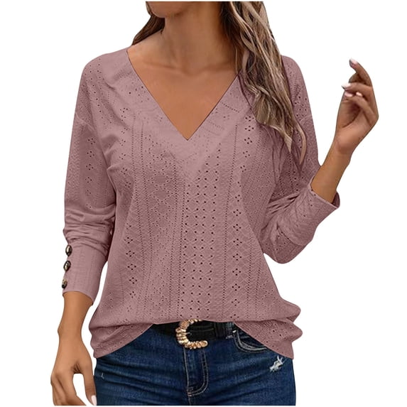ClodeEU Womens V Neck Sweaters ,Long Sleeve Shirts With Decorative Buttons ,Lightweight Knit Pullover Tops Watermelon Red,Womens Plus L