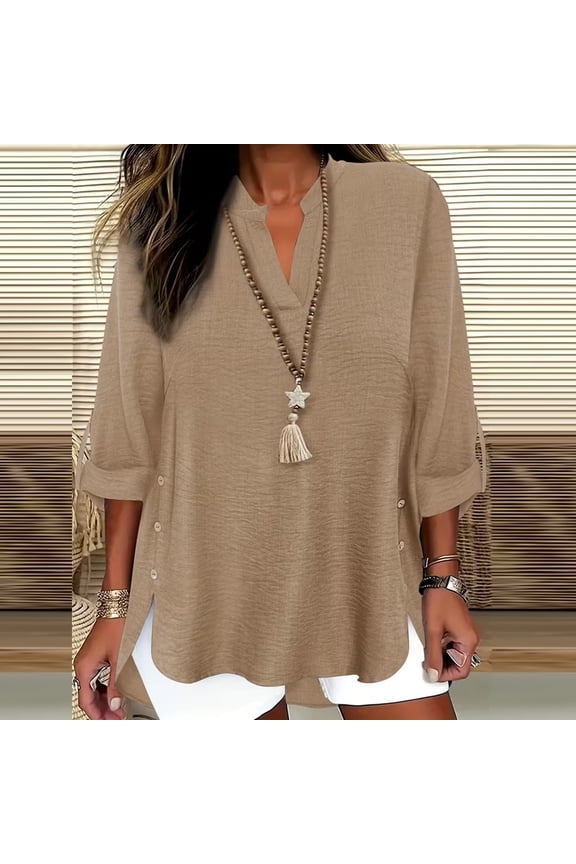 Womens V Neck T Shirts,Cute Buttons Roll Up 3/4 Sleeves Loose Blouses Tops Khaki,Womens Plus L
