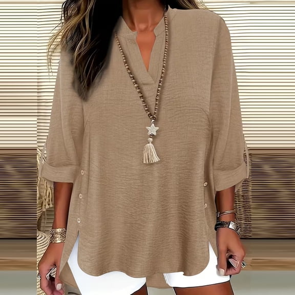 ClodeEU Womens V Neck T Shirts,Cute Buttons Roll Up 3/4 Sleeves Loose Blouses Tops Khaki,Womens Plus L