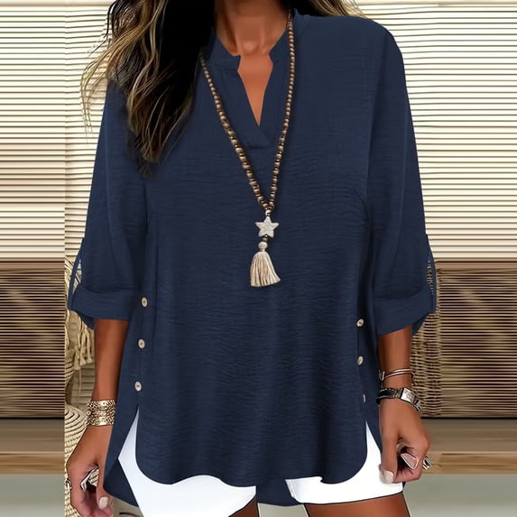 ClodeEU Womens V Neck T Shirts,Cute Buttons Roll Up 3/4 Sleeves Loose Blouses Tops Navy,Womens Plus L