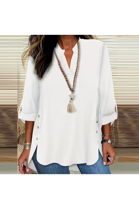 Womens V Neck T Shirts,Cute Buttons Roll Up 3/4 Sleeves Loose Blouses Tops White,Womens Plus XXL