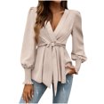 thumbnail image 1 of ClodeEU Womens V Neck Wrap Long Sleeve Slim Business Work Chiffon Blouses ,Casual Belt Tunic Shirt Tops Khaki,Womens Plus L, 1 of 8