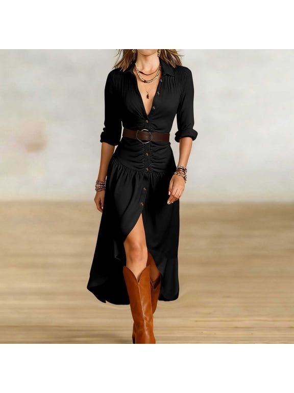 U Womens V-neck Long Sleeve Shirt Dress with Belt,Elegant Dresses Slit Long Maxi Dres Black,Womens Plus XS