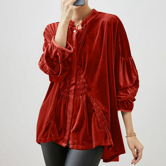 ClodeEU Womens Velvet Solid Color Long Sleeve Top V Neck Shirt, Flowy Long Puff Sleeve Ruffle Peplum Babydoll Shirt Red,Womens Plus S
