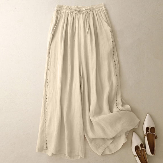 ClodeEU Womens Wide Leg Cropped Pants with Elastic Waist,Solid Color Slim Fit Relaxed Drawstring Pants with Pockets Beige,Womens Plus L