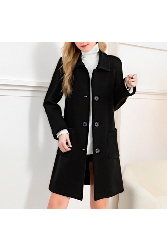 Womens Wool Blend Coat,Long Sleeve Lapel Mid Long Coats ,Button Up Fall Winter Coats Black,Womens Plus XXXL