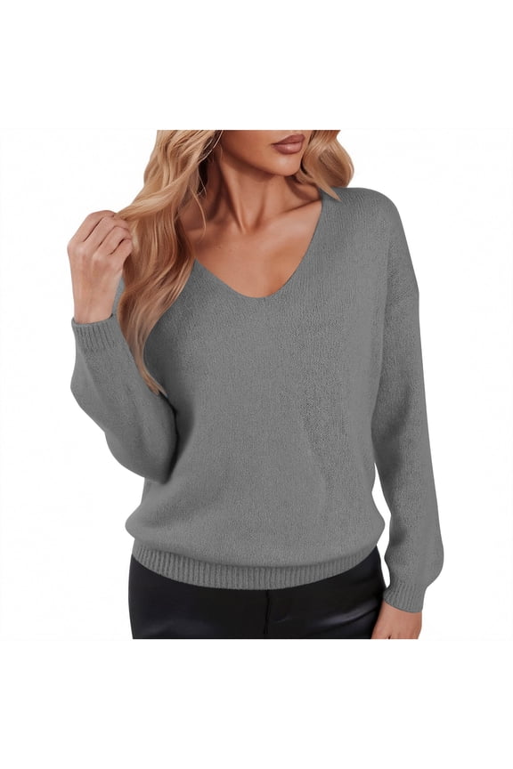 Womens Wool Pullover Sweaters ,Soft Lightweight Long Sleeve V Neck Casual Tops Gray,Womens Plus M