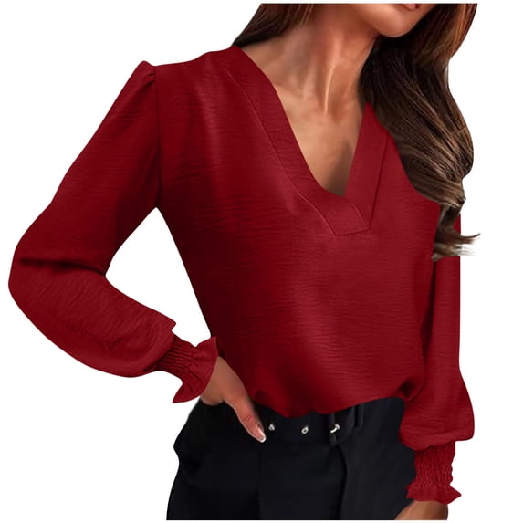 ClodeEU Womens Work Blouse,Long Lantern Sleeve V Neck Office Fall Shirt,Business Casual Tops Red,Womens Plus L