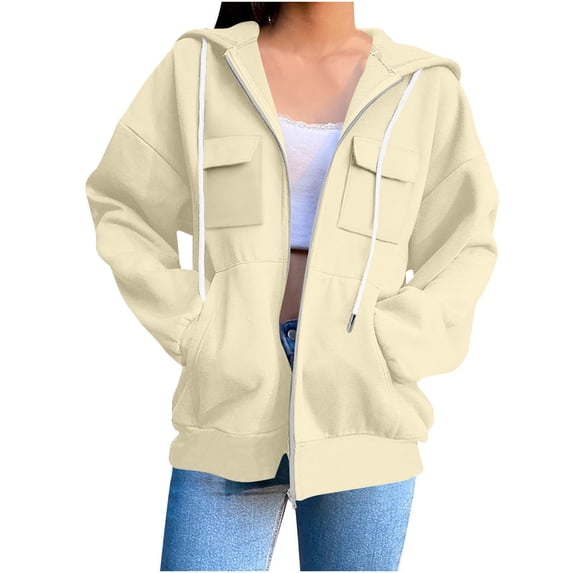 ClodeEU Womens Zip Up Drawstring Hoodies Oversized Sweatshirts, Long Sleeve Lightweight Jackets With Pockets Beige,Womens Plus L