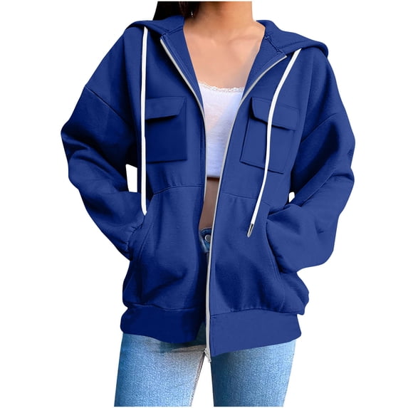 ClodeEU Womens Zip Up Drawstring Hoodies Oversized Sweatshirts, Long Sleeve Lightweight Jackets With Pockets Blue,Womens Plus XXL