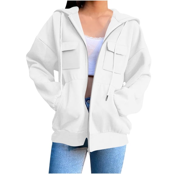 ClodeEU Womens Zip Up Drawstring Hoodies Oversized Sweatshirts, Long Sleeve Lightweight Jackets With Pockets White,Womens Plus L