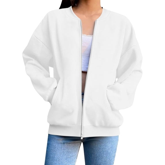 ClodeEU Womens Zip Up Long Sleeve Jacket ,Casual Loose Sweatshirt Coats With Pockets White,Womens Plus L