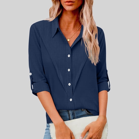 ClodeEU Womens's Collared Long Sleeve Shirts, Button Down Fit Cotton Blouse Navy#,Womens Plus XXL