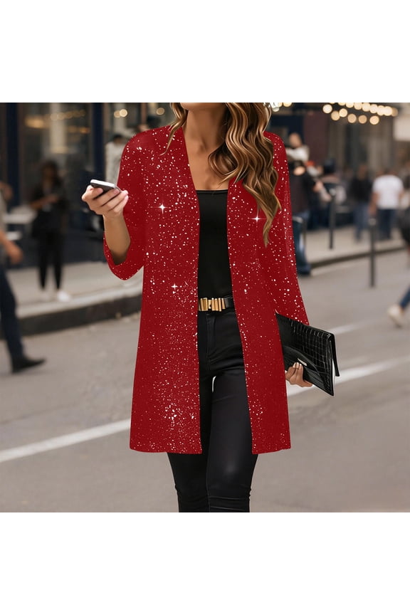 Womens's Solid Long Sleeve Sequin Mesh Evening Jacket Cardigan Red,Womens Plus M