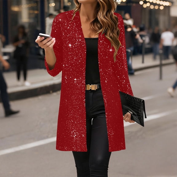 ClodeEU Womens's Solid Long Sleeve Sequin Mesh Evening Jacket Cardigan Red,Womens Plus XL