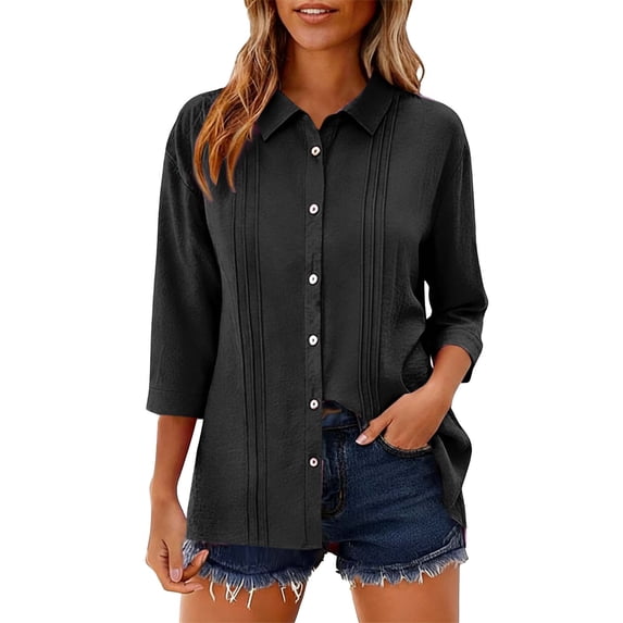 ClodeEU Womens's V Neck Collared 3/4 Sleeve Button Up Shirt,Casual Solid Loose Blouse Black,Womens Plus XL